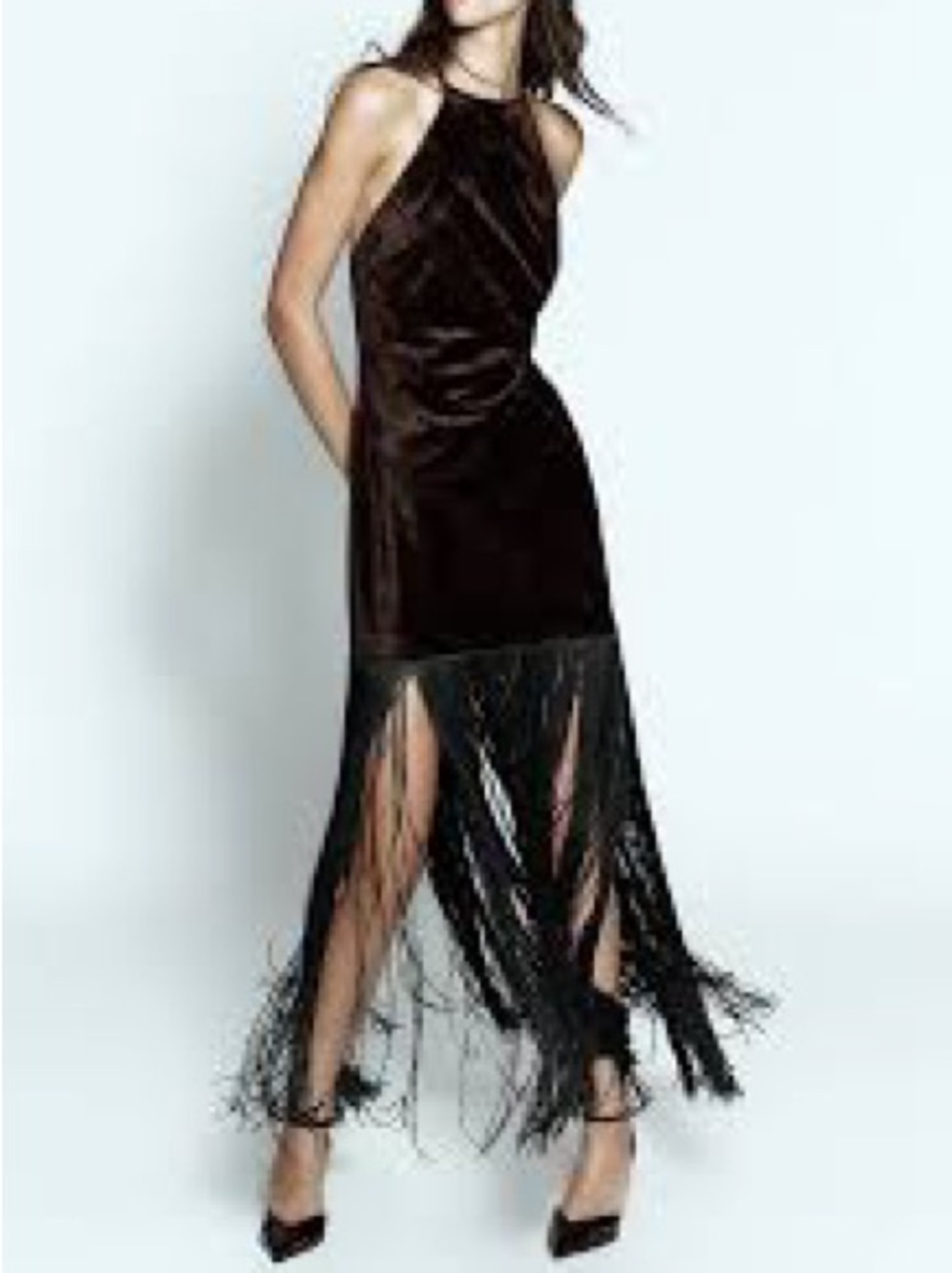 Zara Black Velvet Halter Midi Dress with Fringe Hem